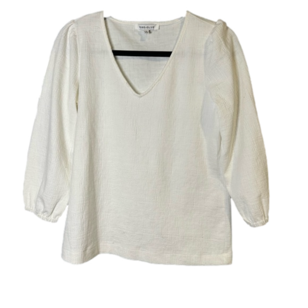 ROSE + OLIVE Size S White Long Sleeve V-Neck Top